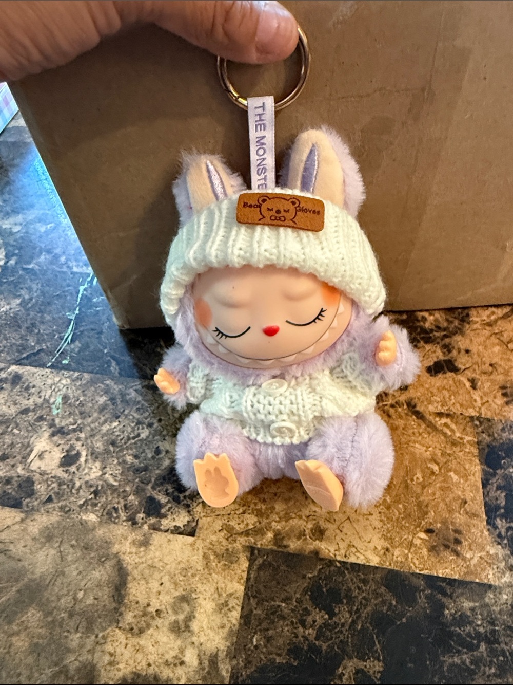 Lavender Bunny Plush Keychain with Cream Knit Hat